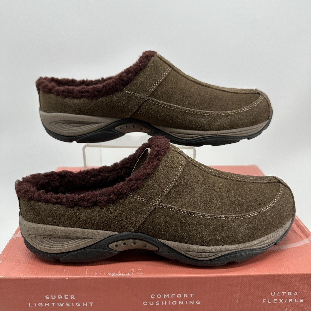 Easy Spirit Clog Slipper Shoes Womens Size 7.5 W Brown Suede Faux Fur Lined